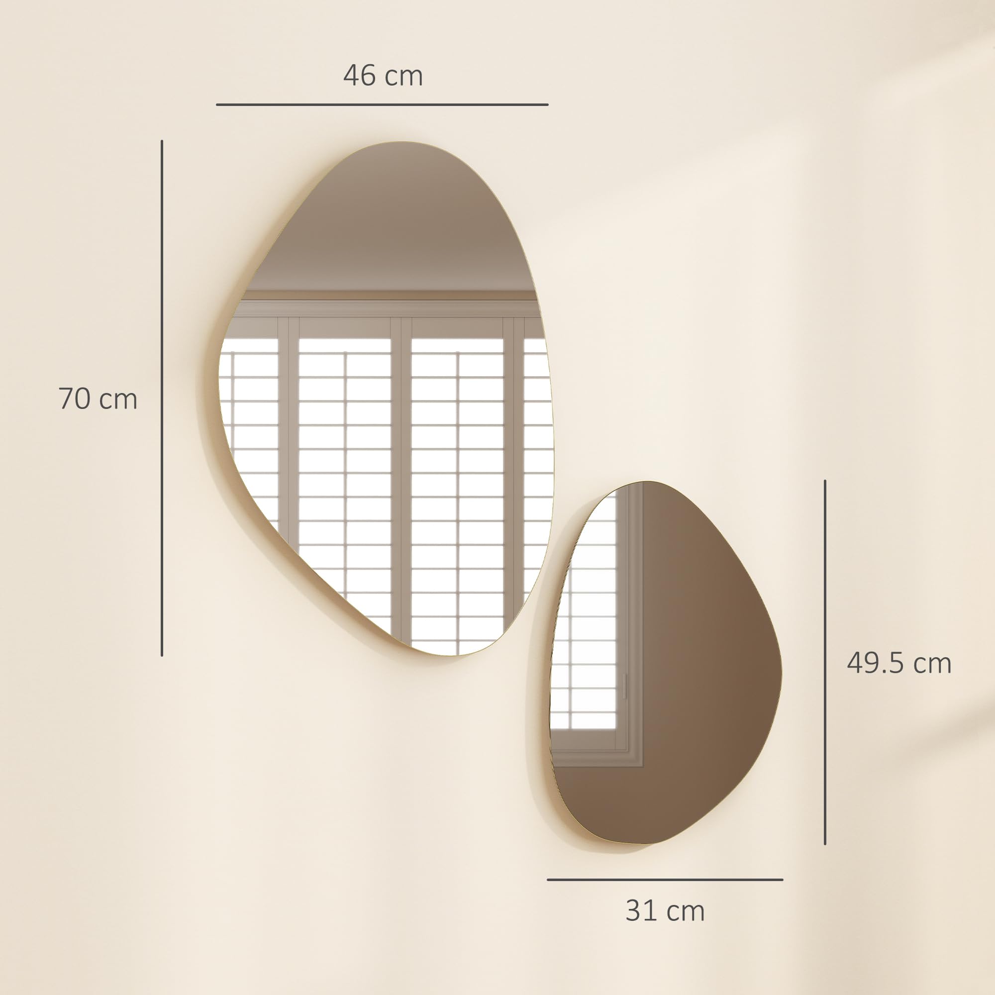 HOMCOM Espejo de pared irregular 2 guijarro marco metálico oro | 70 x 46 cm, 49,5 x 31 cm, espejo colgante asimétrico, sala de estar, entrada, dormitorio, pasillo