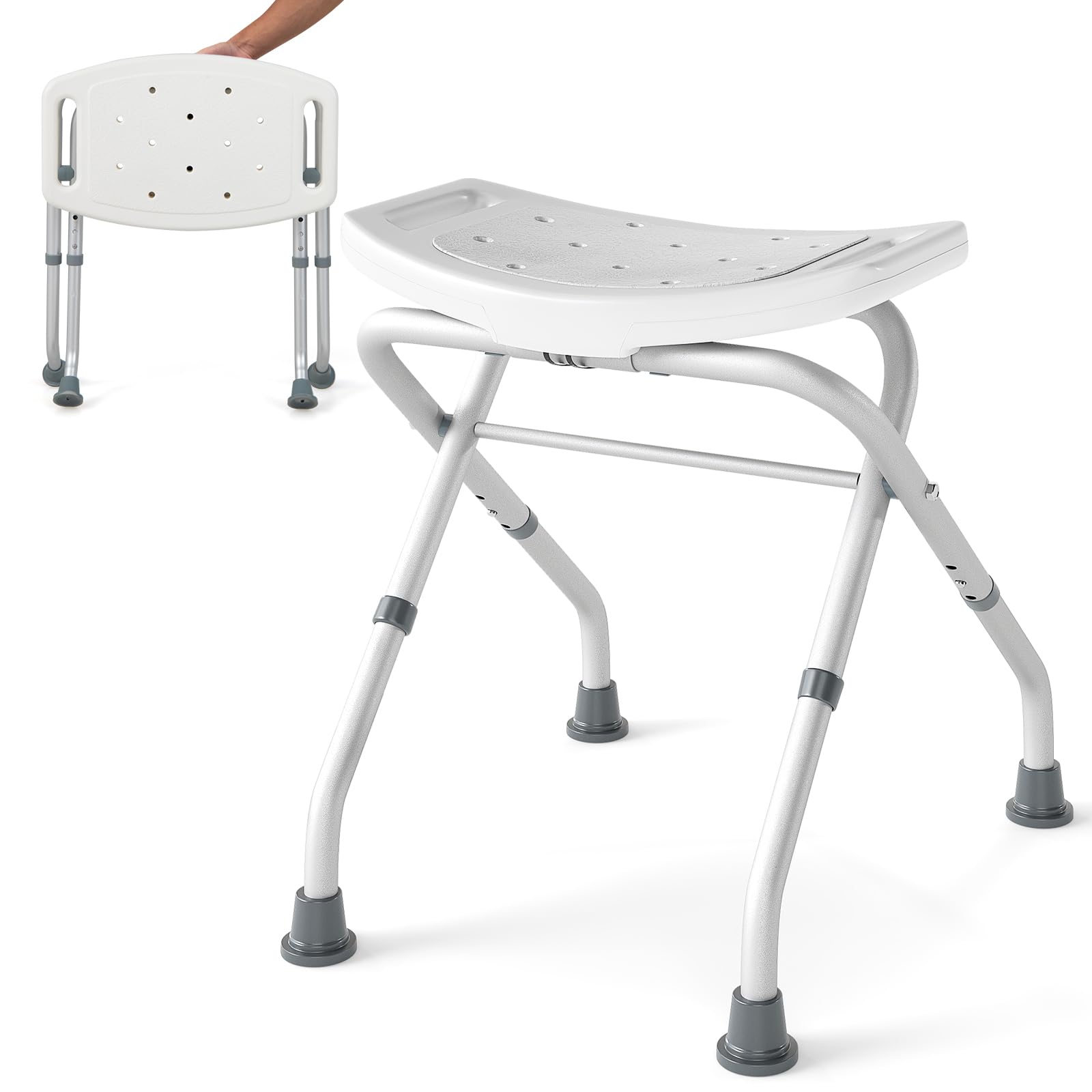 HOMASIS Taburete de Ducha Antideslizante Plegable en Altura de 3 Niveles, Taburete de Baño de Pie con Asiento en Forma de U, para Mayores, Discapacitados, Capacidad de 150 KG (Blanco y Gris)