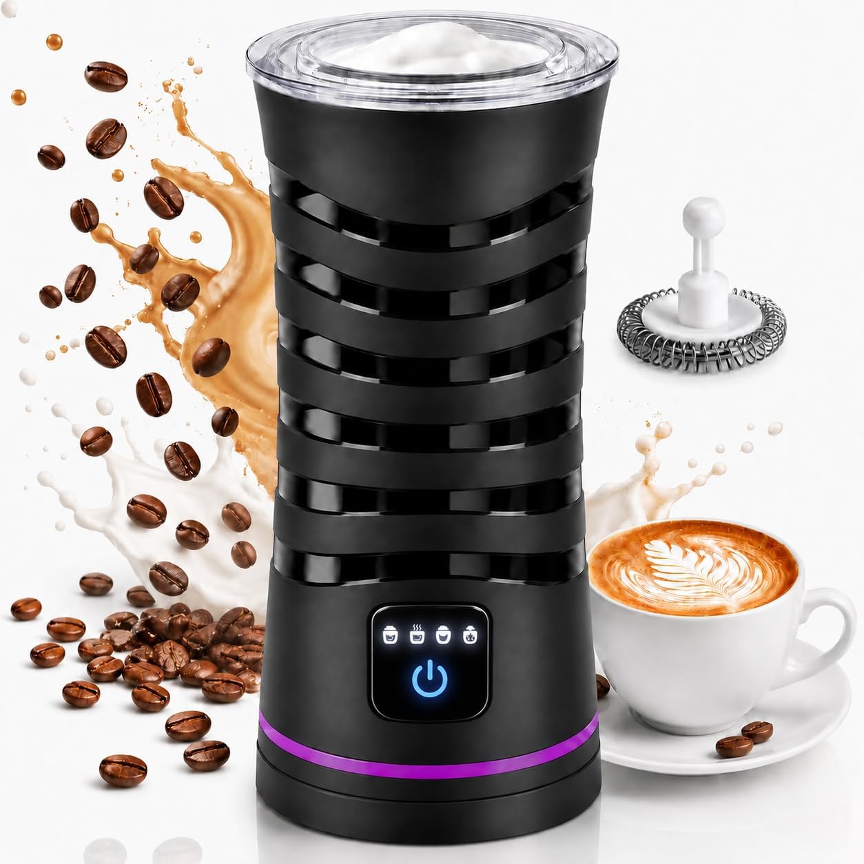 Montalatte elettrico a vapore, 4 in 1 con controllo touchscreen, schiuma per latte caldo e freddo, funzione riscaldante, scaldalatte per latte, cappuccino, macchiato, cioccolata calda, nero lucido