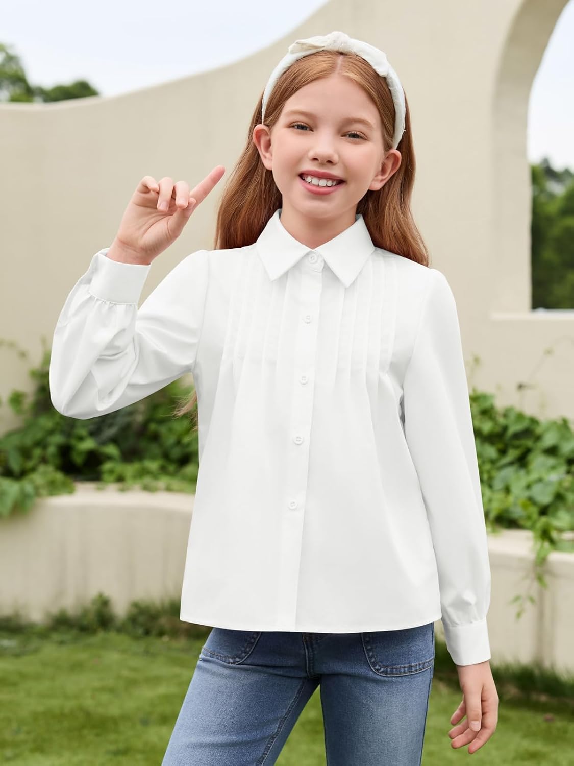 Haloumoning Girls Shirts Puff Long Sleeve Button Down Blouse Pleated School Uniform Dress Shirt Tops 5-14 Years - Image 2