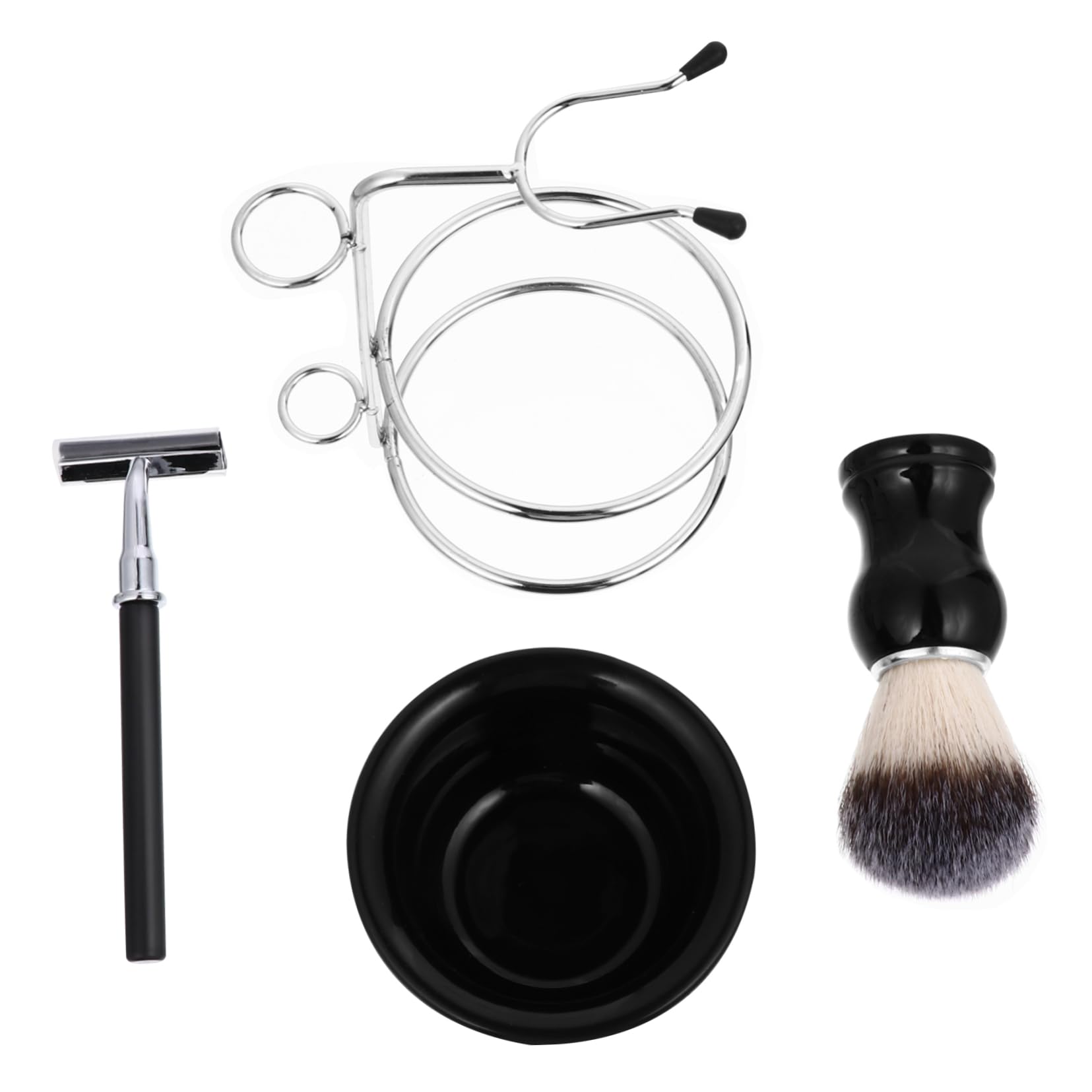 Set Rasoio Barba Stand e Ciotola in Acciaio Inox 4 Pezzi