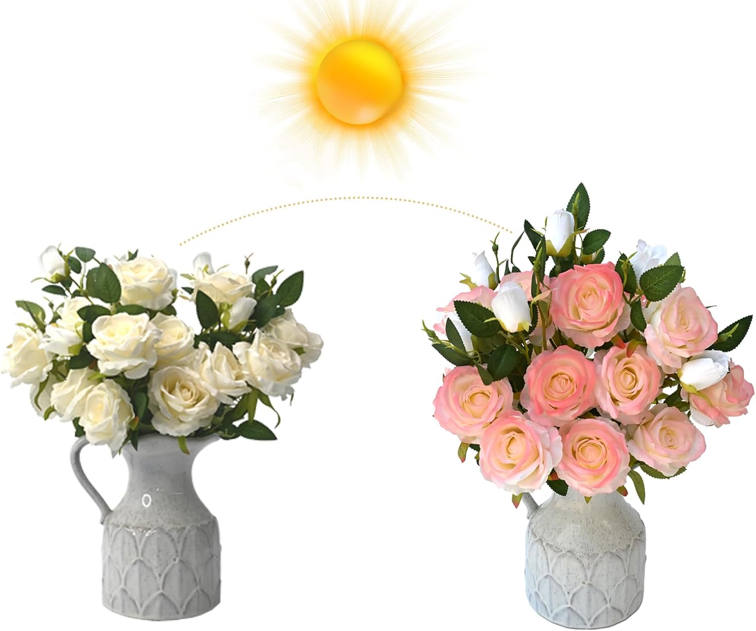 26"5Pcs Silk Roses Bouquet-Sunlight Color Changing Roses Artificial Flowers,Fake Rose Flower Long Stem for Arrangement Wedding Centerpiece Home Valentines Day Decor (Turns From White to Red)