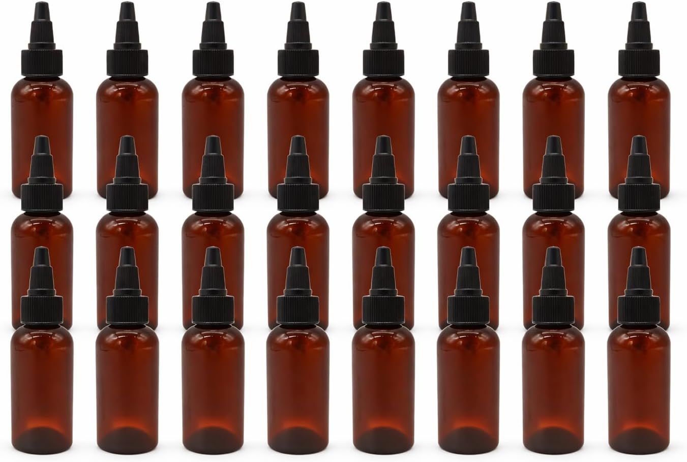 Natural Farms 2 oz Plastic Amber Boston BPA FREE - Boston Bottles - 24 Pack Empty Refillable Containers - Essential Oils - Hair - Black Twist Open/Close Cap - Made in the USA