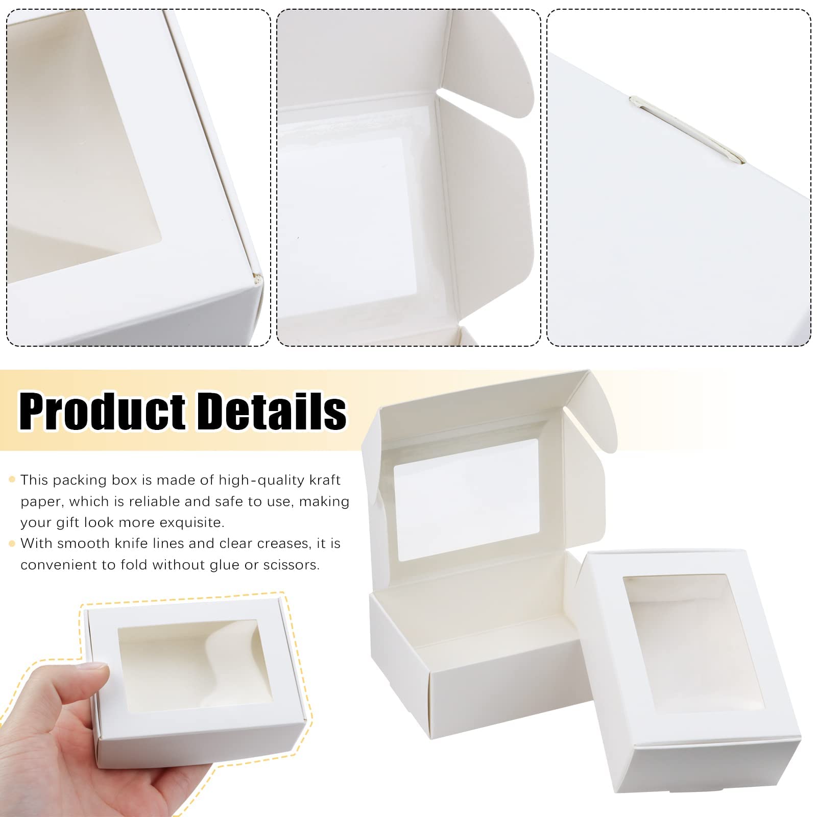 BadenBach 50 PCS Mini Kraft Boxes with Windows,3.33" x 2.35" x 1.18",Small Soap Box for Homemade Soap,Paper Small Gift Boxes Bulk for Candy Cookies Party Favors Mother's Day Supplies(White)