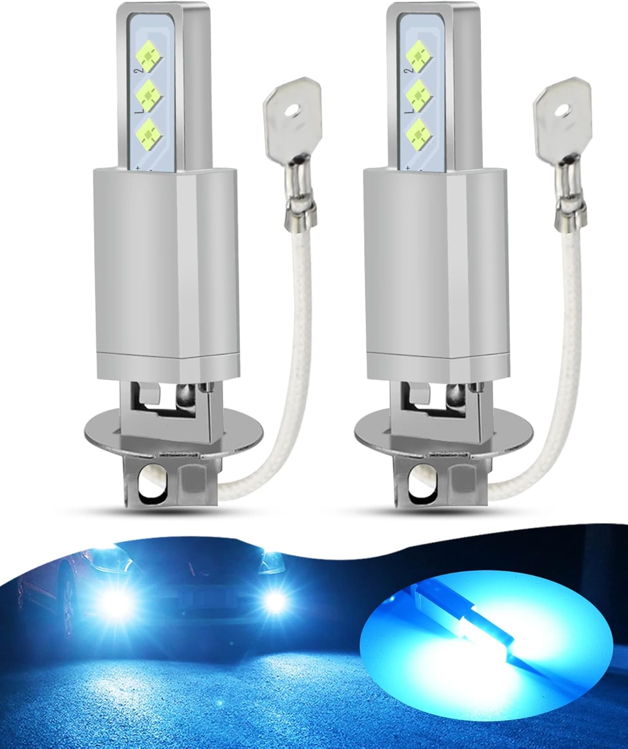 HOCOLO 2x L2 H3 8000K Fog Light Bulbs Set, 6000LM 6-2525-SMD Ceramic Lamp Beads, Plug and Play Fog Lamps Replace Bulb for Cars Vehicle ATV/UTV OFF ROAD LIGHT (Ice Blue, H3)