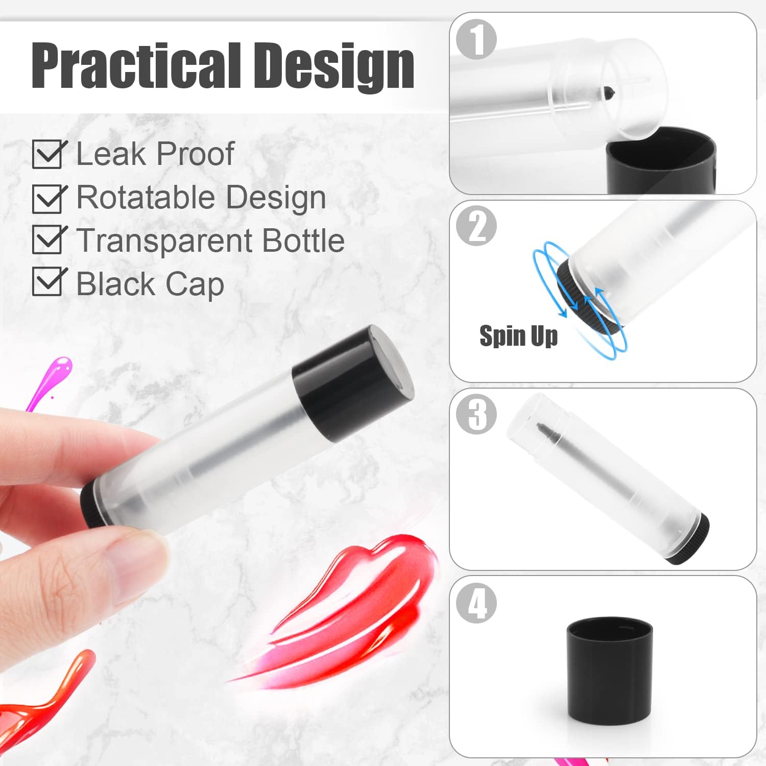 50Pcs 5g Lip Balm Tubes Plastic Lipstick Containers Empty Refillable Twist-up Lip Gloss Balm Filling Stick Clear Tube Holder with Black Cap for DIY Chapsticks Crayon Solid Perfume image 3