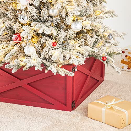 Glitzhome Wooden Box Collar Stand Cover Christmas Tree Skirt, 22" L, Red #TOP3