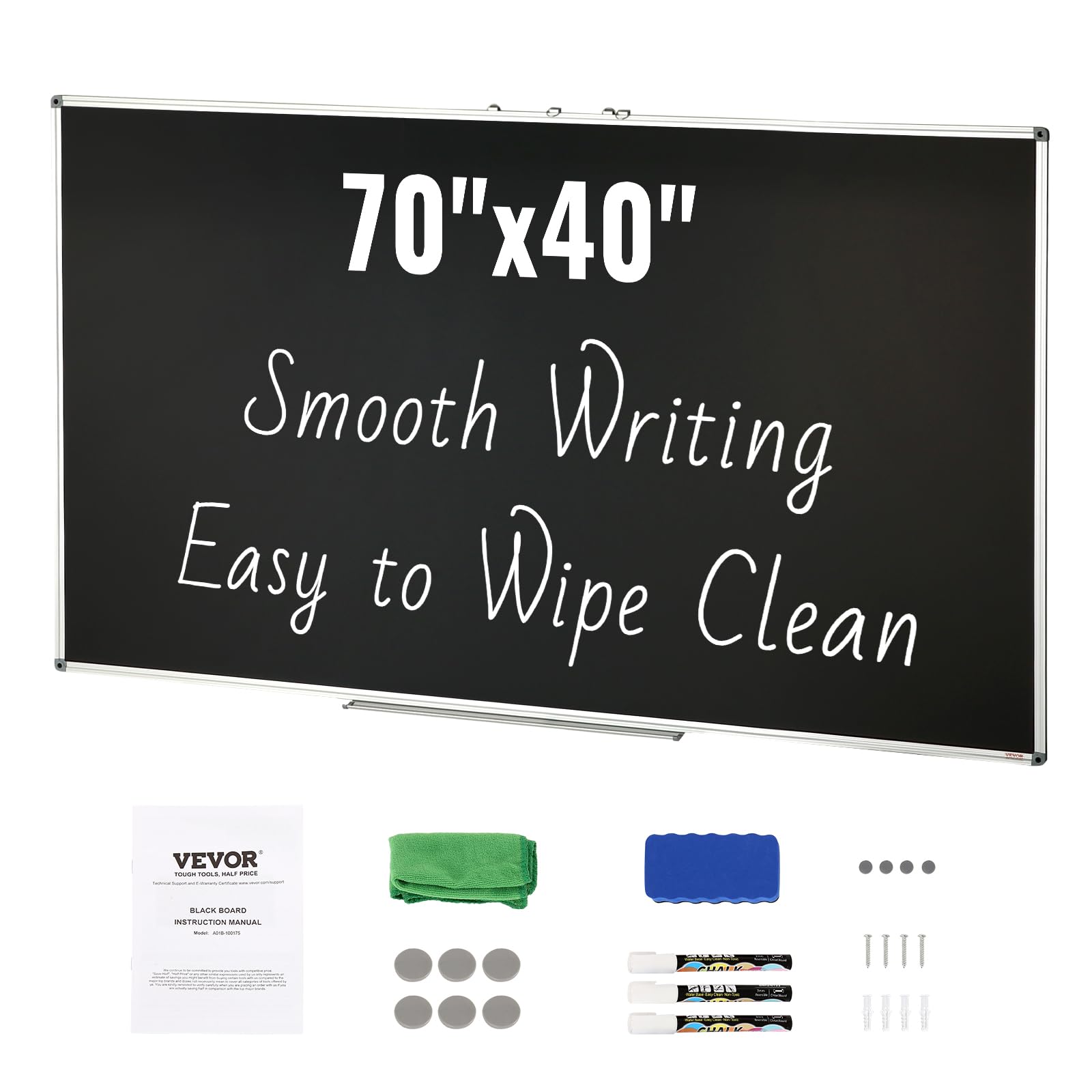 VEVOR Pizarra Magnética 175x100cm Pizarra de borrado en seco Marco de aluminio resistente Fácil montaje en pared con 3 rotuladores 1 borrador 6 imanes para presentaciones Trabajo Oficina Hogar Escuela