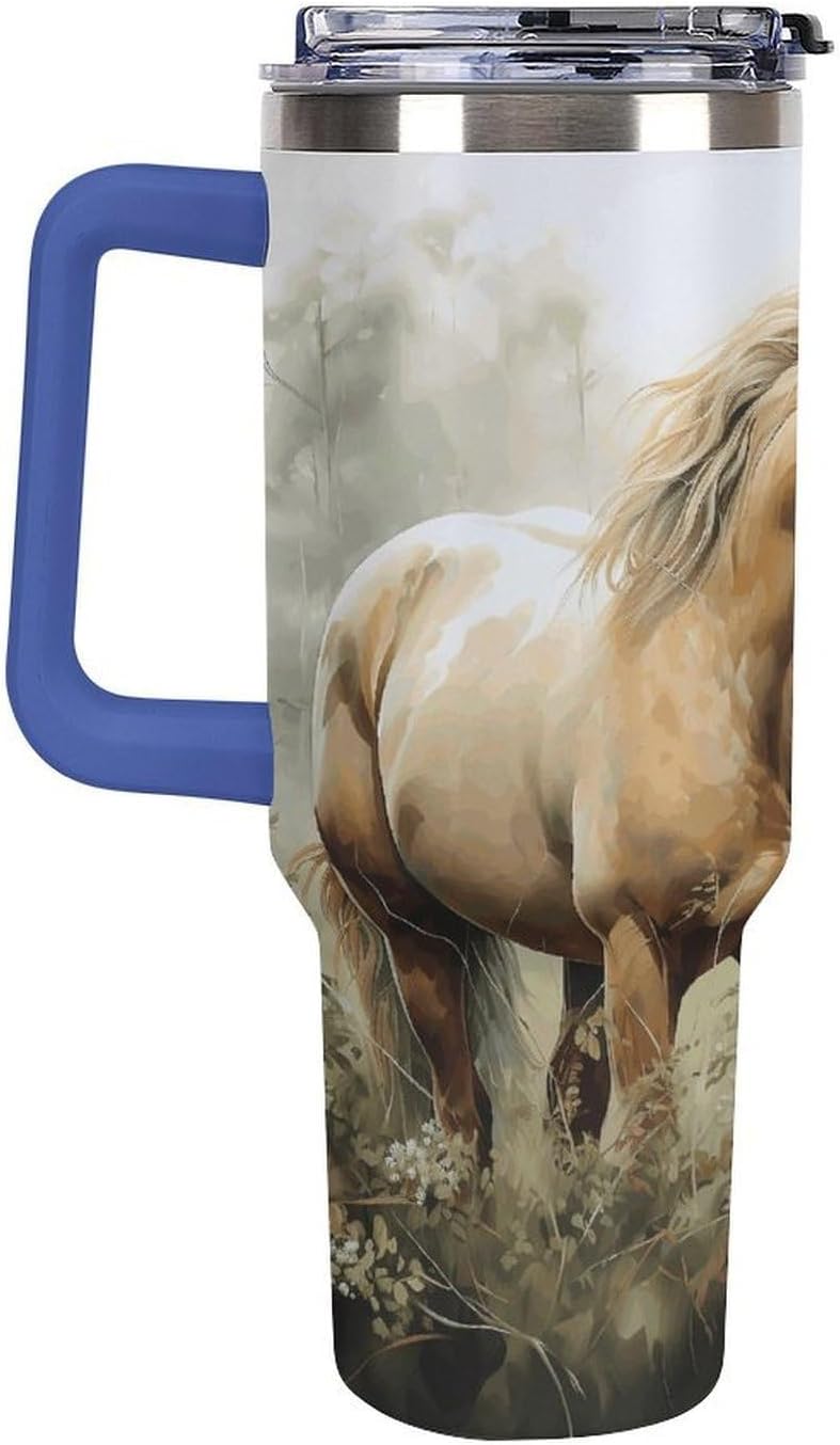 Animals Embroidery Paintings Horses Tumbler Stainless Steel Large Car Cup with Handle&Straw Lid Portable Coffee Cup Leak-proof Water Bottle Insulated Vacuum Travel Mug for Home Outdoor 40oz