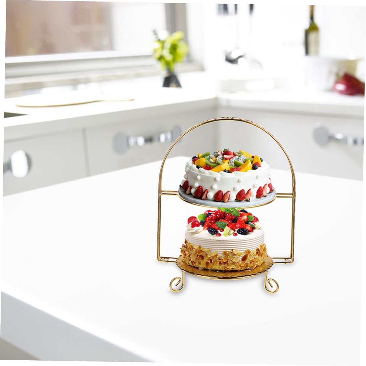 Double Layer Pastry Cupcake Rack with Dessert Plates Gold Iron Display Stand for Cake Fruit and Cupcake Presentation Stable Tiered Dessert Display for Parties and Tea Gatherings