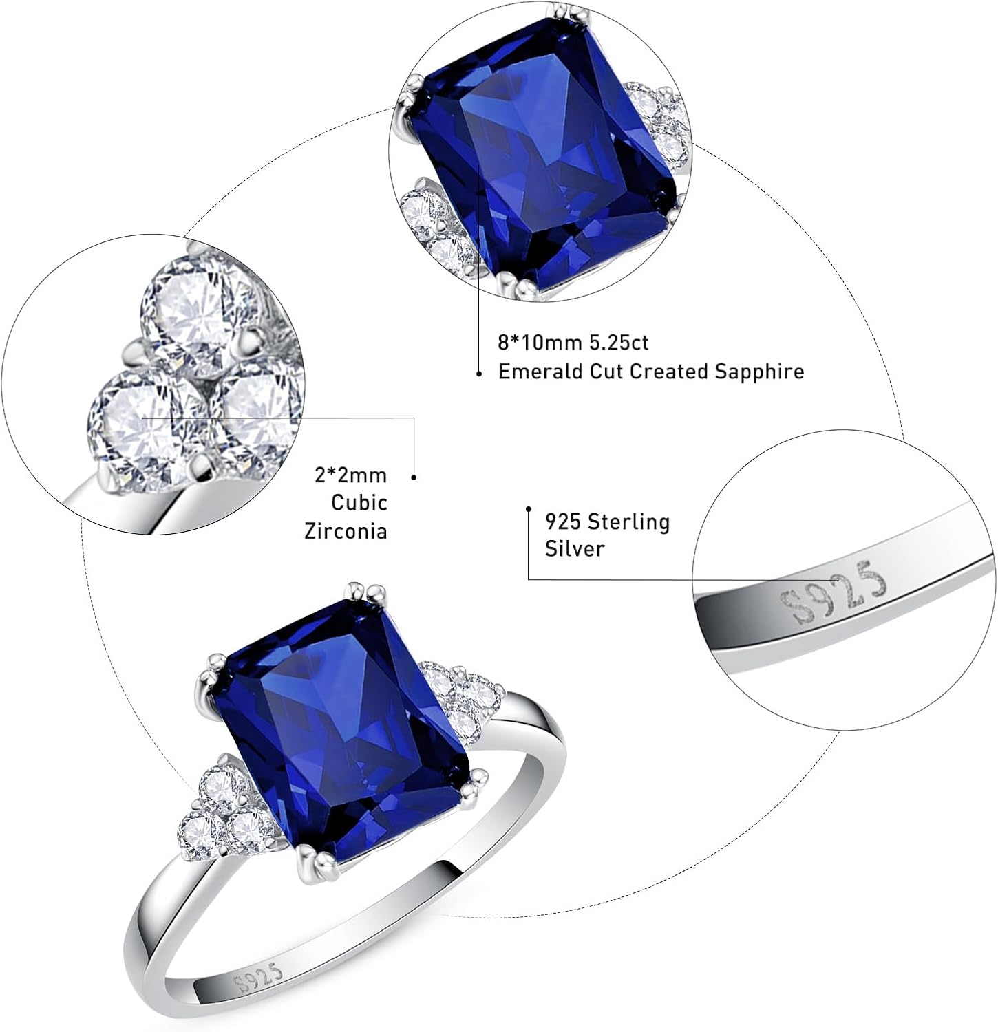 3.5ct Simulated Gemstone Ring 925 Sterling Silver 10x8mm Radiant Cut Sapphire|Emerald|Amethyst|Cubic Zirconia Ring Birthstone Rings for Mothers Valentines Thanksgiving Day Size 5-10 - Image 4