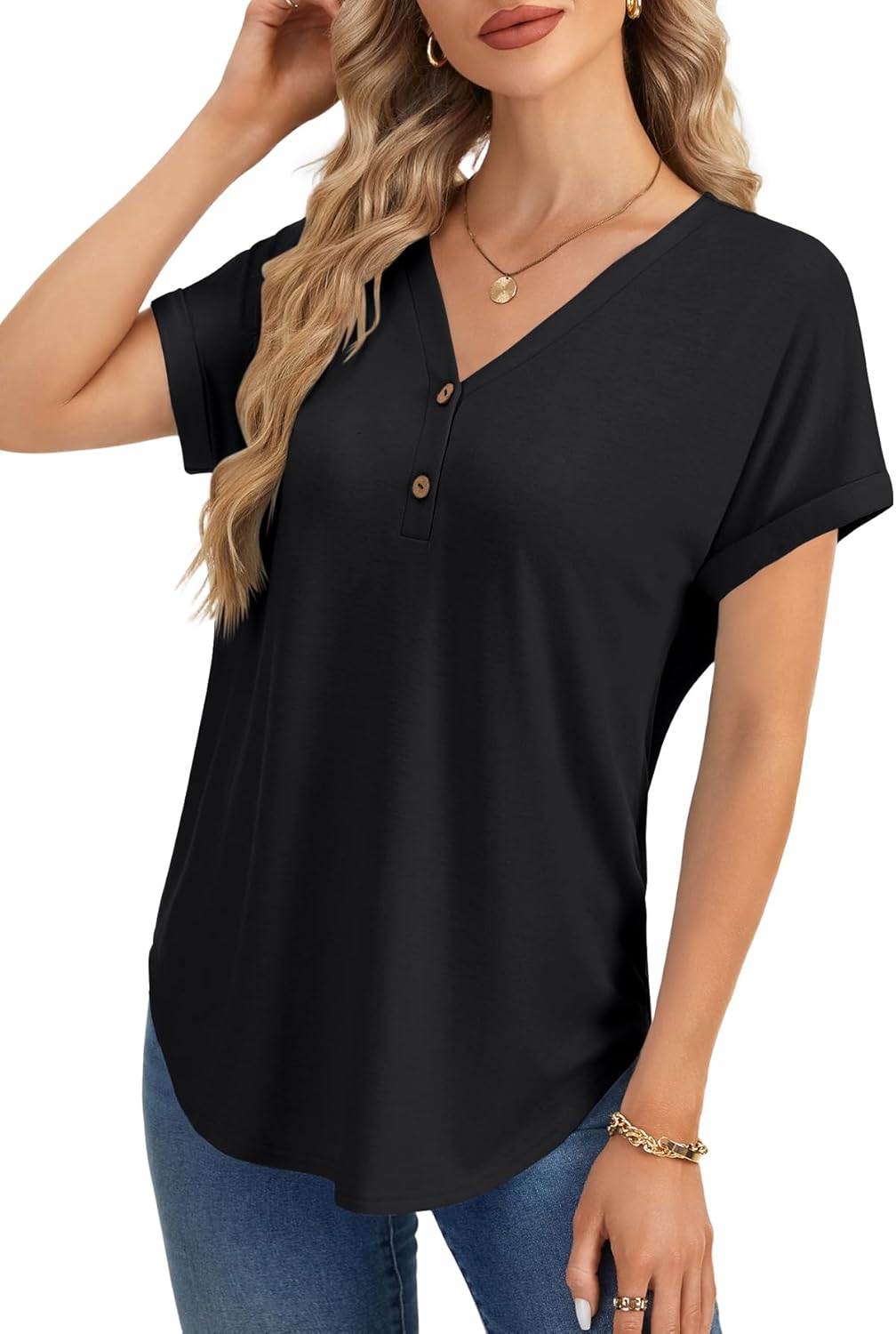 LYANER Women's V Neck Roll up Short Sleeve Button Loose Fit Dressy Casual Tunic Top Shirts - Image 4