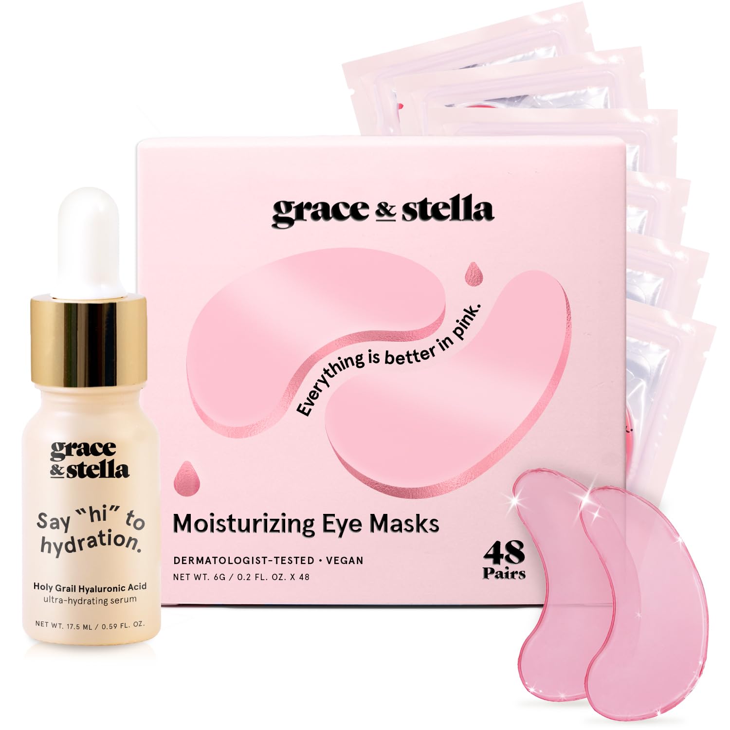 Grace & Stella Award Winning Under Eye Mask (Pink, 48 Pairs) Reduce Dark Circles, Puffy Eyes, Undereye Bags, Wrinkles - Gel Under Eye Patches, Vegan Cruelty-Free Self Care by and