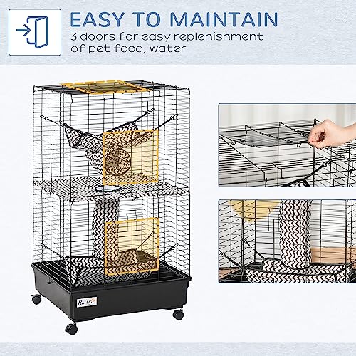 PawHut 42" Ferret Cage, Small Animal Habitat Metal Pet Cage with Wheels Brakes, Hammocks, Hanging Tunnels, and 3 Doors, Black - Image 5