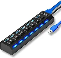 Hub USB 3.0 7 Portas Extensão Rápida Pendrive, Notebook, HD, Mouse, LED Indicador, Cabo 50cm, Botões Liga/Desliga Individual Multiportas USB Extensor