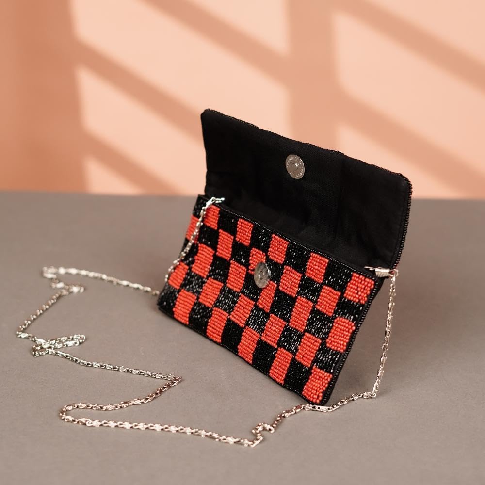 Indian Shelf Red Black Cotton and Beads Embroidered Beaded Luxury Sling Bag Women | Handmade Boho Ethnic Clutches | Stylish Ladies Handbags | Party Sling Handbags | Artisan Cotton Handmade Purse