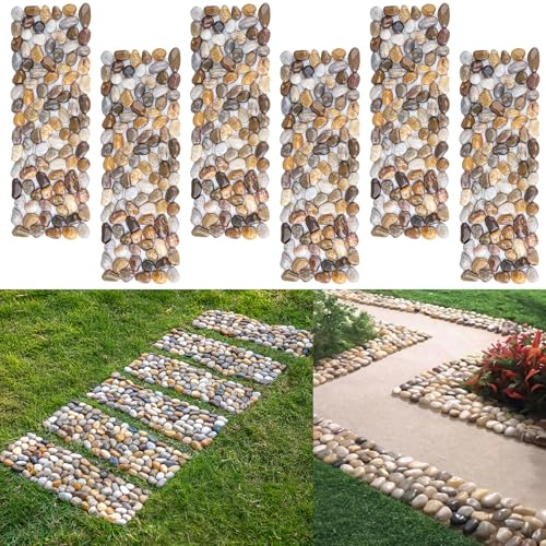 6 Pcs River Rock Stepping Stones for Garden Walkway - Rectangular Natural Pebble Stone Mats with Mesh Backing - Decorative Outdoor Pathway Pavers for Lawn, Yard, Patio, and Landscaping