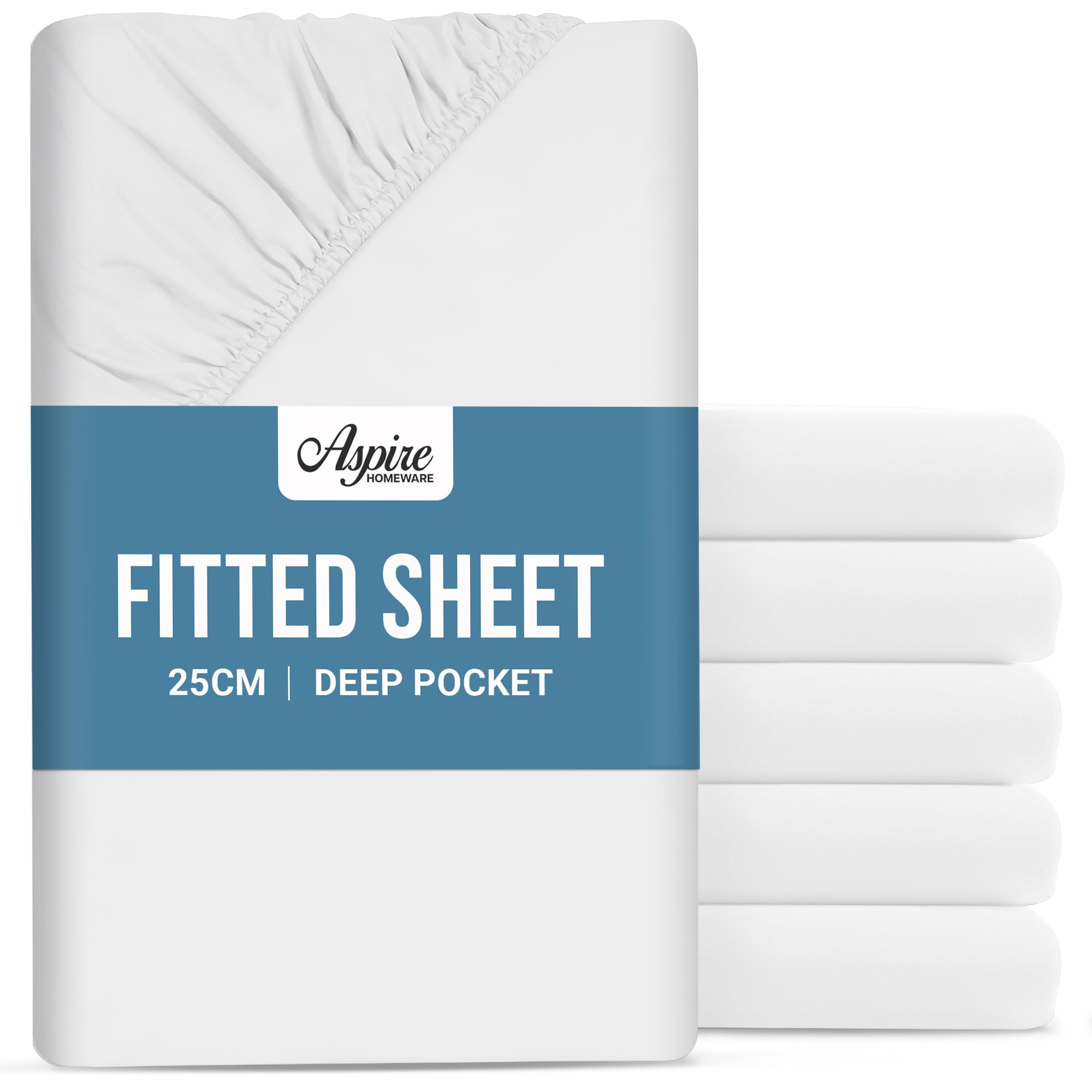 Aspire Homeware Small Double Fitted Sheet - 25cm Deep 6 Pack (White)