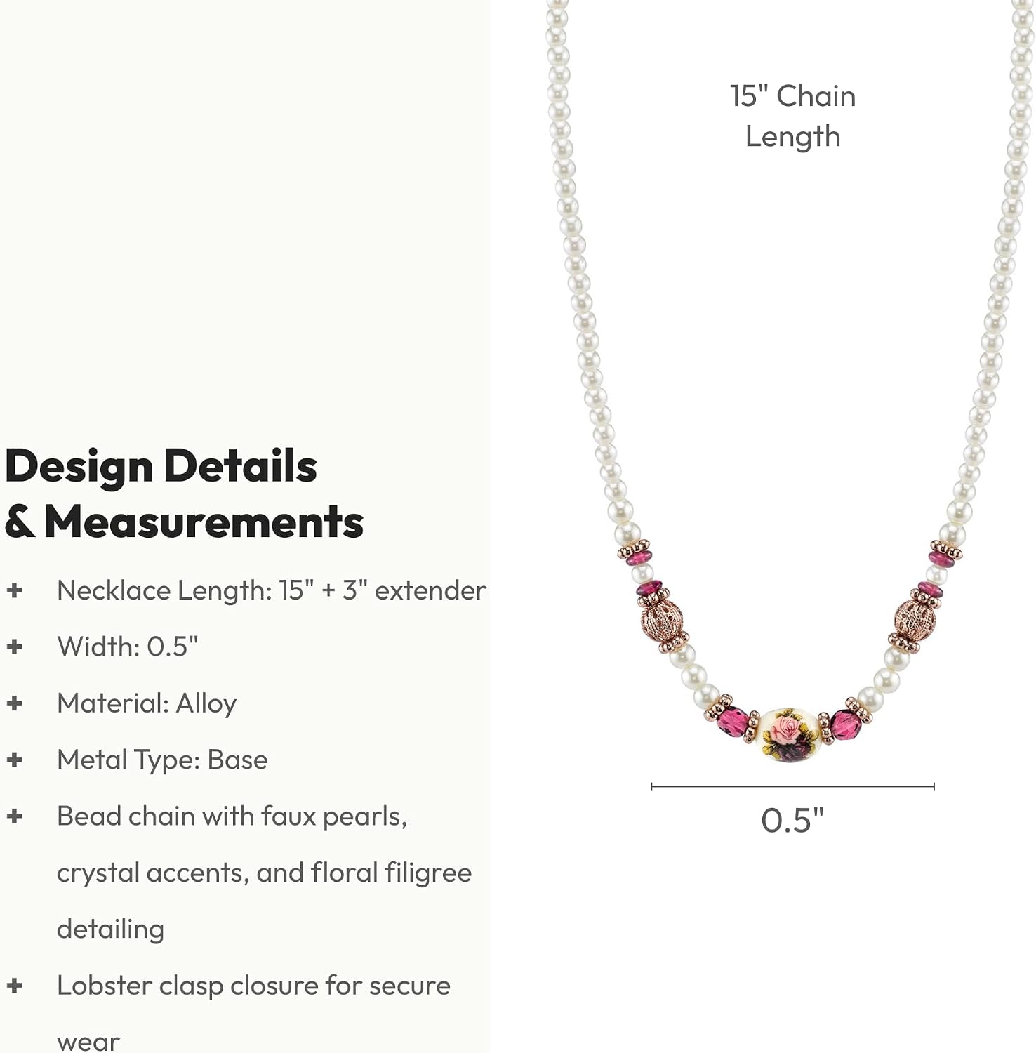 1928 Jewelry Manor House 4mm Faux Pearl Strand Amethyst Crystal Filigree Puff Ball Necklace 15" + 3" Extender, Romantic Roses Vintage Victorian Inspired Aesthetic, Rose Gold Tone, Made In USA