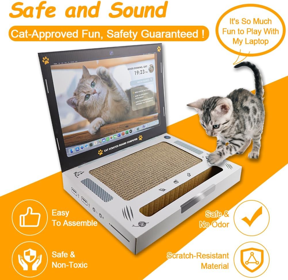 review Cardboard Cat Scratcher, Laptop Scratcher Cat Toy, 3-in-1 Laptop Scratcher Cat Toy with Interactive Plush Mouse Cat Teaser and Ball Track Pad Toy, Foldable Corrugated Computer Cat Scratching Board