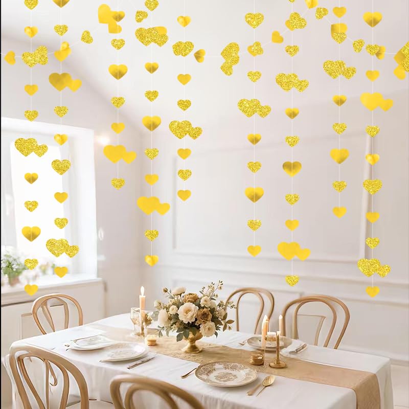 Image of Gold Heart Garland Hanging Sparkling Love Streamer Glitter Bunting Banner Twinkle Heart Backdrop for Wedding Engagement Valentines Galentines Birthday Party Decor 40 Feet