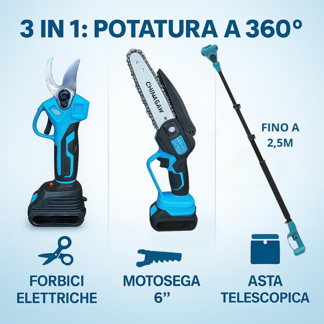 Kit Potatura Elettrico 3 in 1 con Asta Telescopica 2,5M, Forbici, Motosega 6”, 2 Batterie, Attrezzi Giardinaggio,Cesoia,troncarami,Rami, Alberi, Giardino, Vigneti, Orti DEALIX