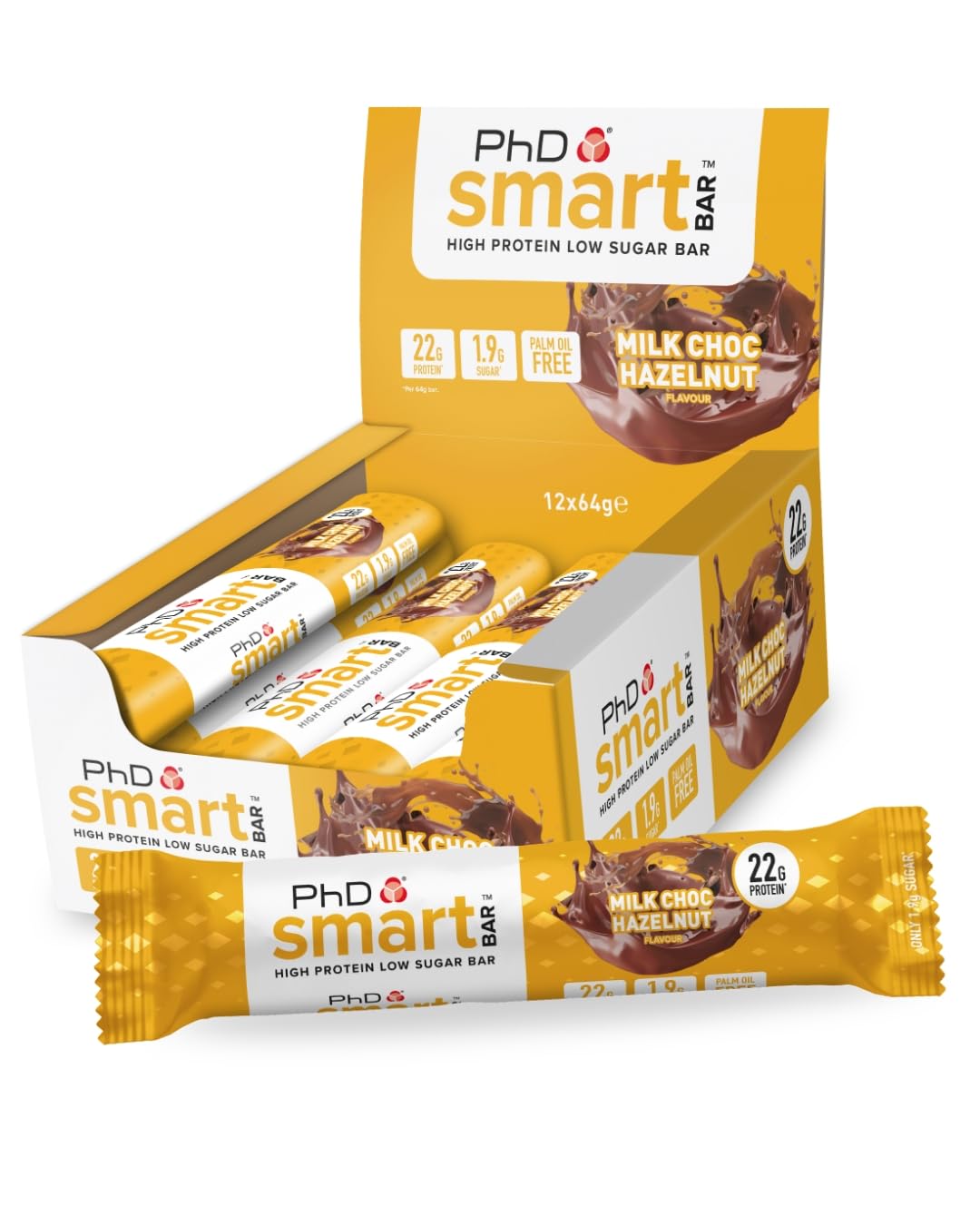PhD Nutrition Smart Protein Bar Low Calorie, Nutritional Protein Bars/Protein Snacks, High Protein Low Sugar, Chocolate Hazelnut Flavour, 20g of Protein, 64g Bar (12 Pack)
