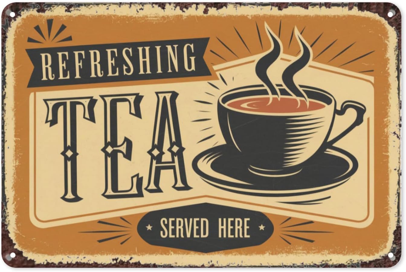 SMAZDFXX Refreshing Tea Service Here Dark Yellow Retro Tin Sign Metal Wall Decor for Kitchen Tea Room Cafe Classic Tea Poster for Tea Lovers 8"x12"