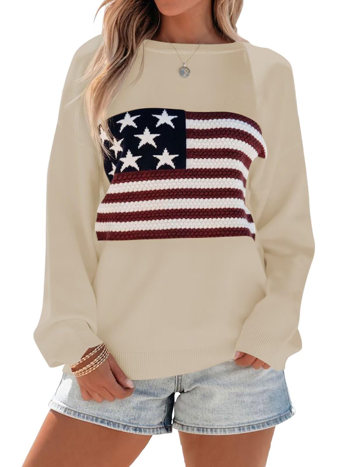 BONITEE Womens American Flag Sweaters Long Sleeve Crewneck USA Striped Star Pattern Soft Lightweight Loose Knit Pullover
