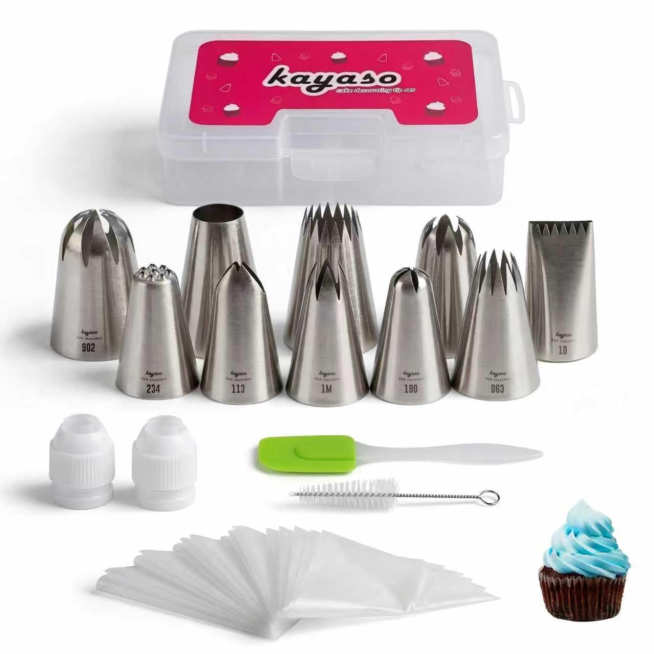 Cake Decorating Icing Piping Tip Set, 10 X-large Decorating Tips Stainless Steel Plus 20 Disposable Pastry Bags