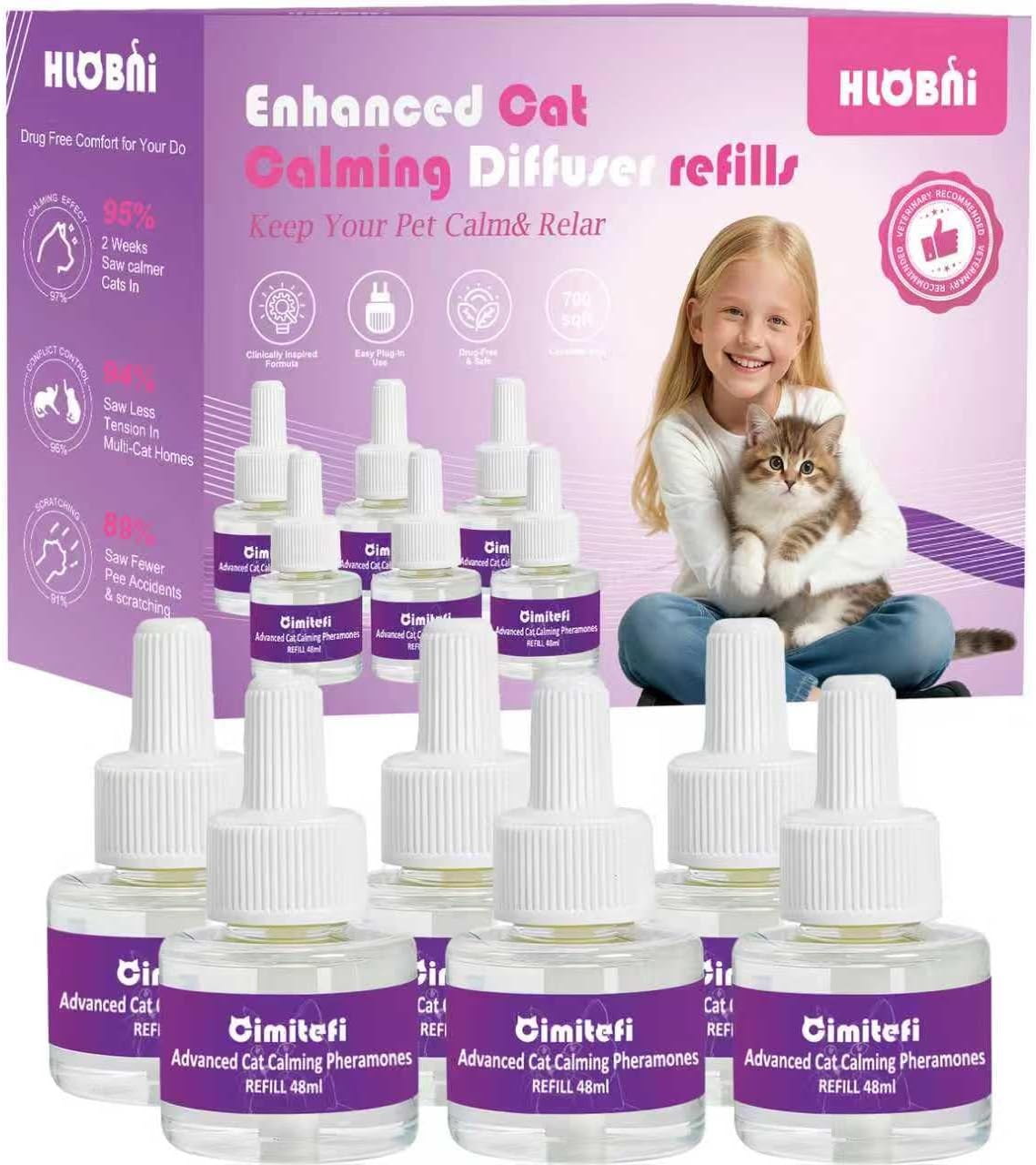 Cat Calming Diffuser Refills, 6 Pack (Up to 180 Days), Premium Cat Pheromone Refill for Anxiety, Stress, Aggression & Spraying, Compatible Most Diffusers (48ml Each)