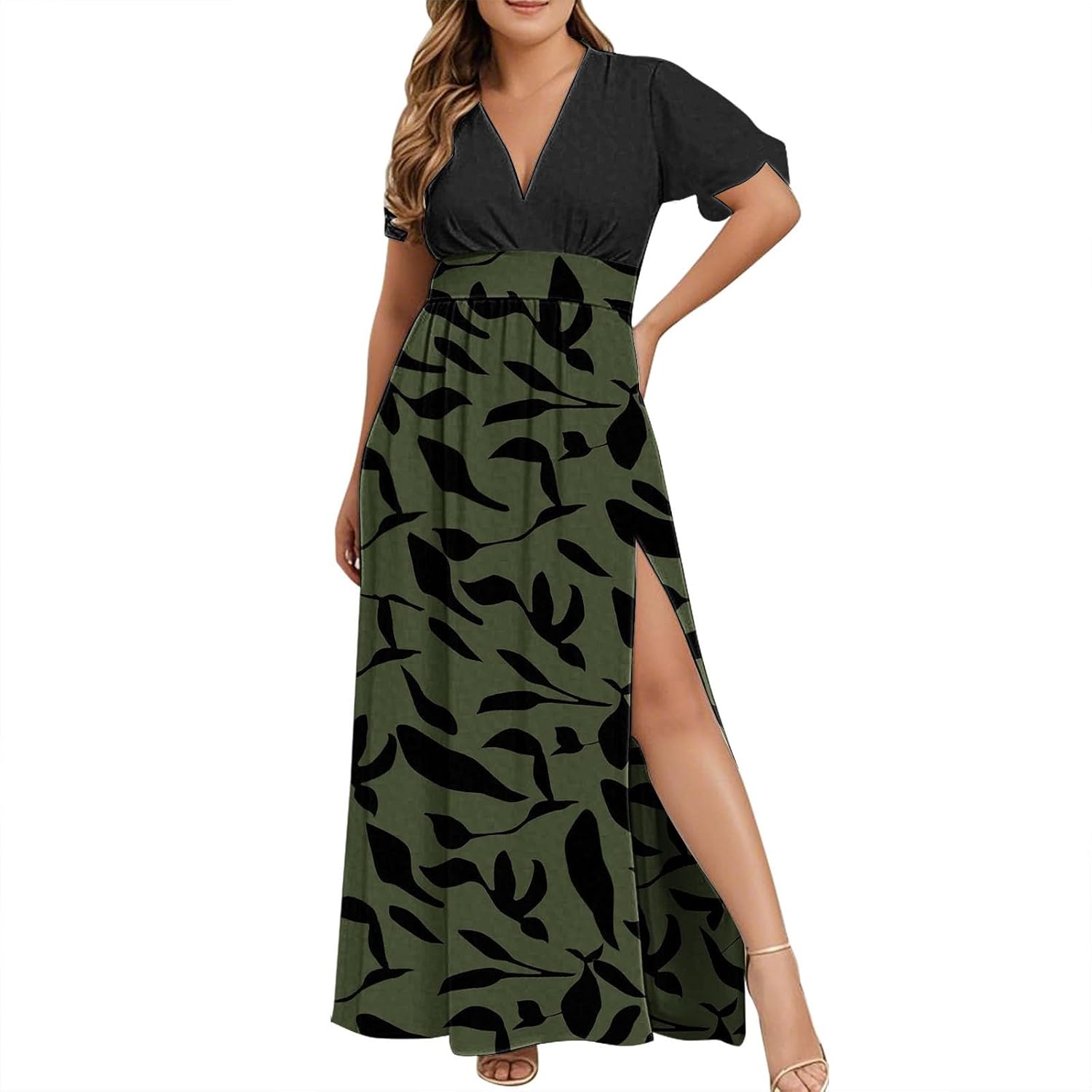 Womens Summer Wrap Maxi Dress Casual Boho Floral V Neck Short Sleeve Plus Size Hem Split Beach Long Dresses
