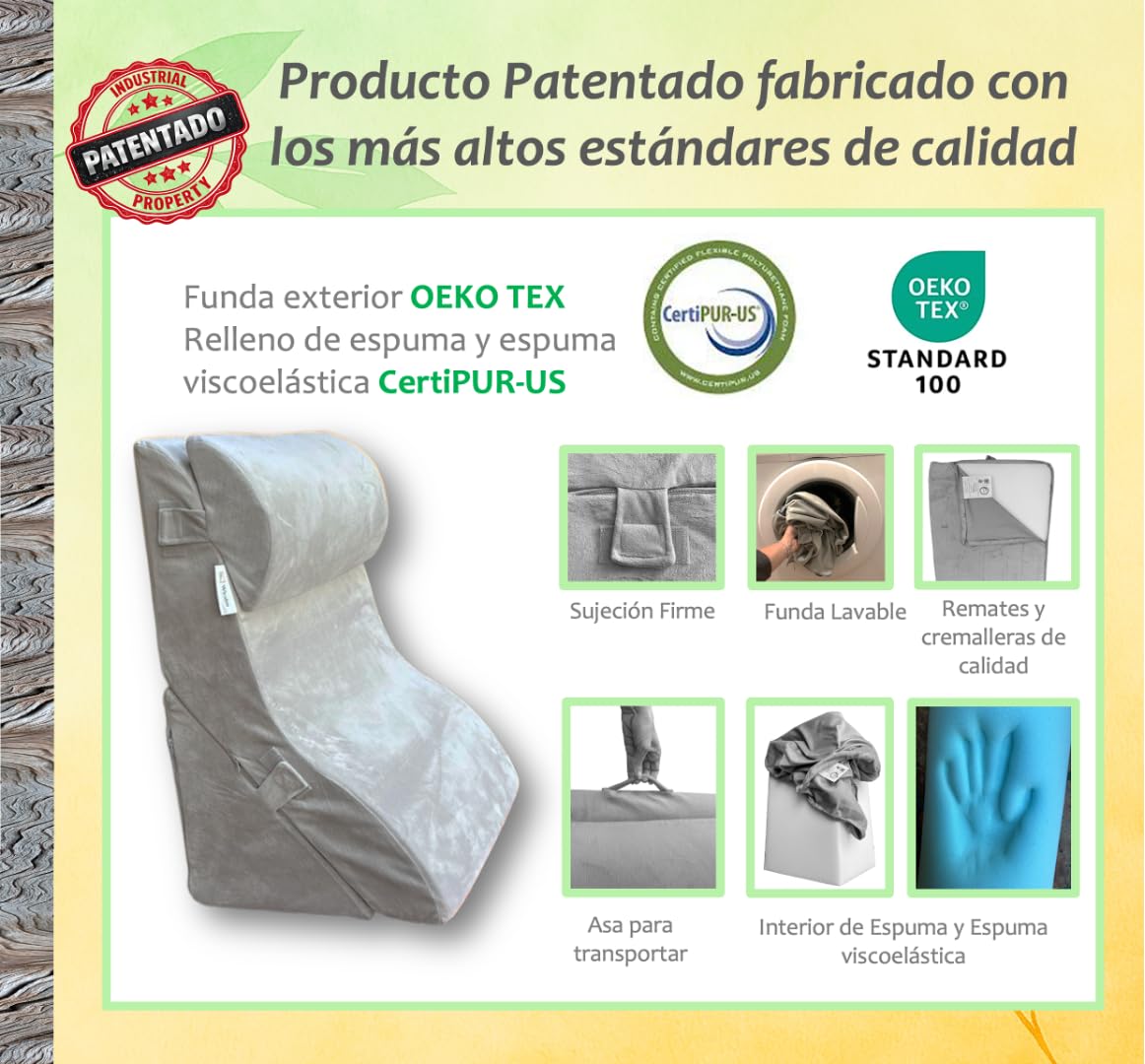 Cojín Respaldo Cama y Sofa de 3 Piezas – Multiposición- Certificada OEKO Tex y CertiPUR- Cojin Lectura Cama, Cuña Antireflujo Adulto, Wedge Pillow, Cojin de Lectura, Almohada Cuña– Funda Lavable.