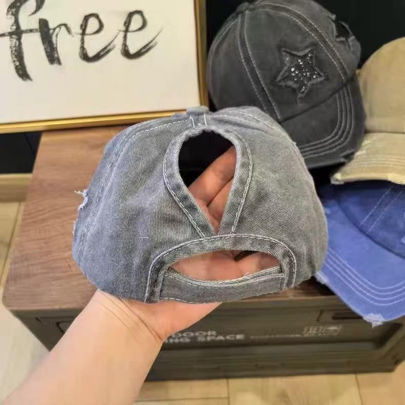 Image of Washed Scratch Frayed Baseball Cap Retro Adjustable with Five-Pointed Stars for Men Women Trucker Cap Unisex