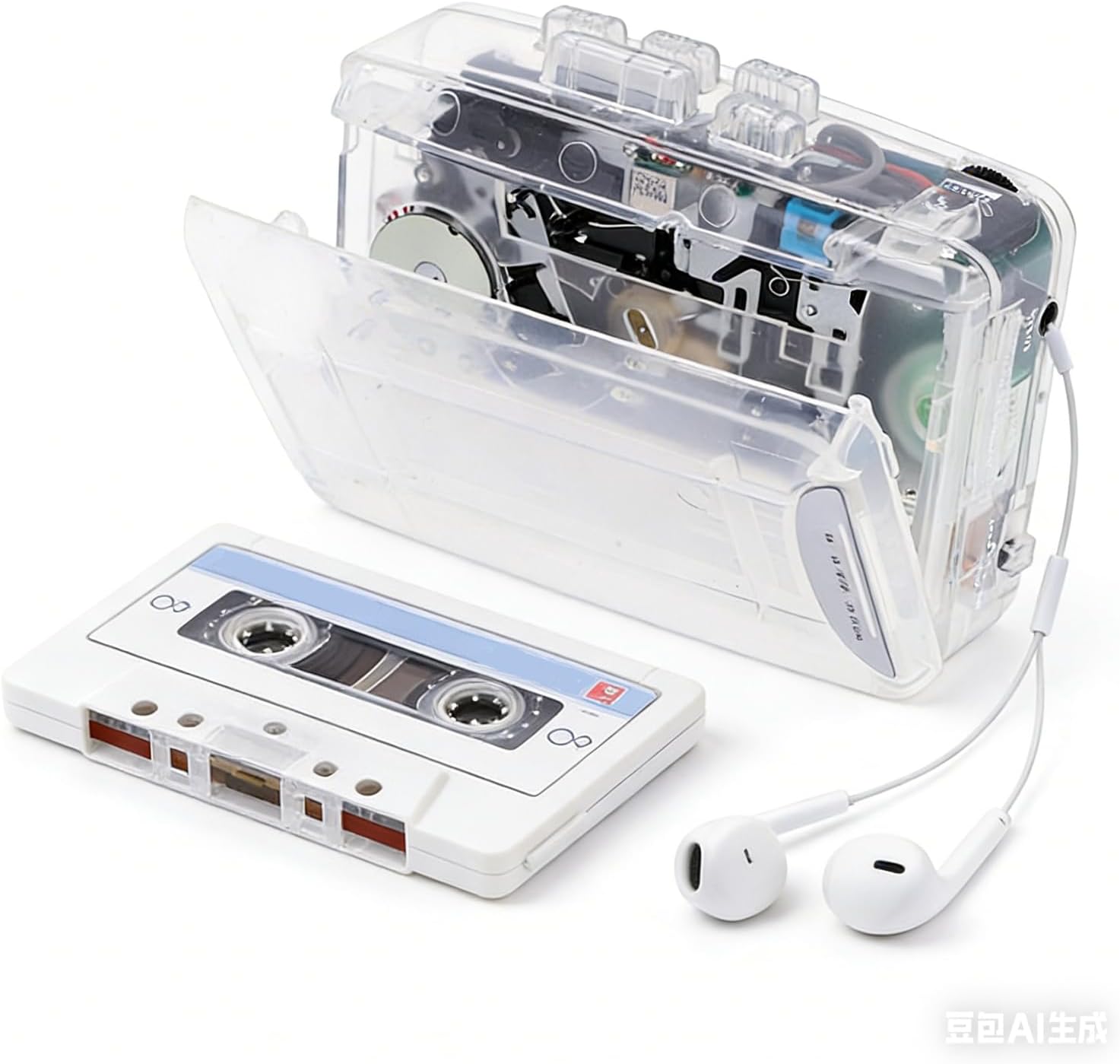 Cassette Player Portable, Retro Tape Recorder, FM Radio, Voice Recording, 3.5mm Jack, USB AA Powered, with Earphone, for Nostalgia Gift (Transparent White)