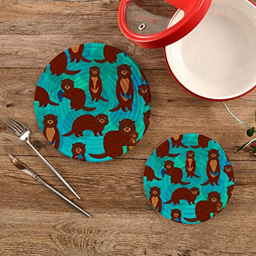 Vnurnrn Fun Brown Sea Otters Fish Teal Pot Holders Trivets Set 2 Pcs Round Cotton Hot Pads For Kitchens, Coasters, Placemats For Cooking Baking Hot Dish Pan Pot, 7 Inch And 9 Inch Diameter #TOP4