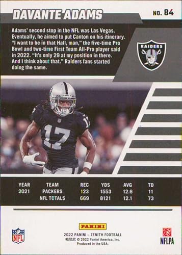 Miniatura 2 de 2022 Panini Zenith Retail #84 Davante Adams Las Vegas Raiders NFL Football Card NM-MT