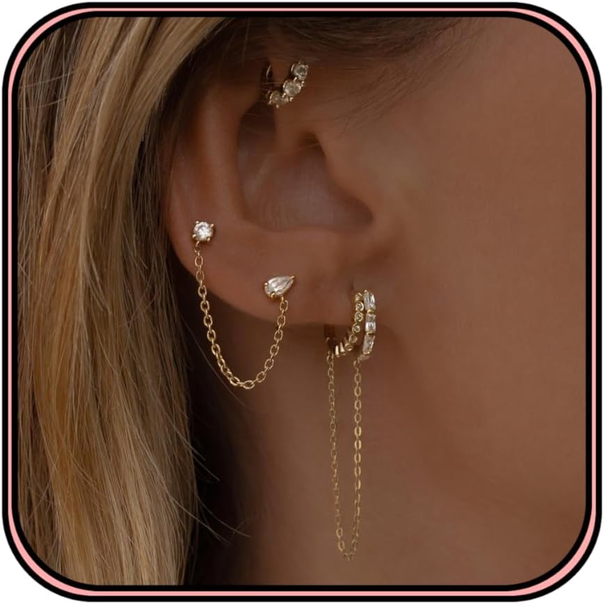Gold Earring Stacks for Women,Dainty Chain Dangle Threader Earrings Set