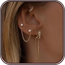Gold Earring Stacks for Women Trendy,Dainty Chain Dangle Earrings for Women 14K Gold Plated Huggie Earrings Set Hypoallergenic Cartilage Hoops Threader Chain Earring Stack Cute Fashion Jewelry Set