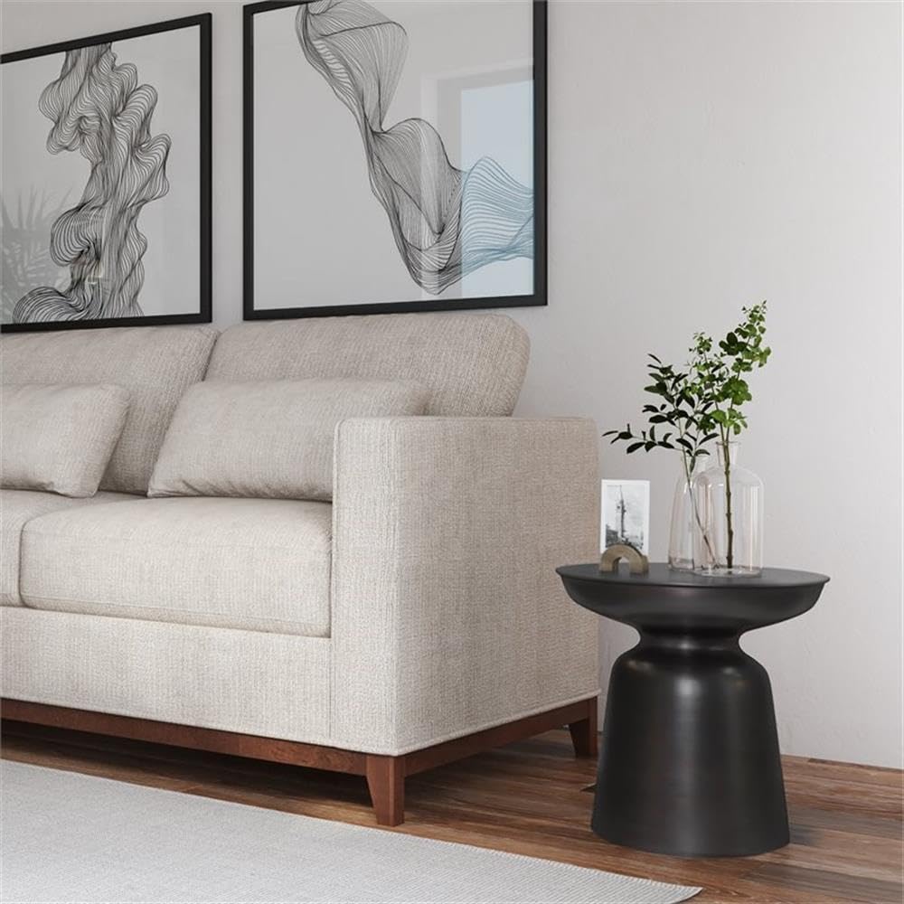 Small Boho End Table for Living Room, Round Accent Bed Side Table for Small Spaces, Narrow Metal Nightstand for Bedroom, Unique Rustic Circle Telephone Table for Sofa Side and Office, Black Copper