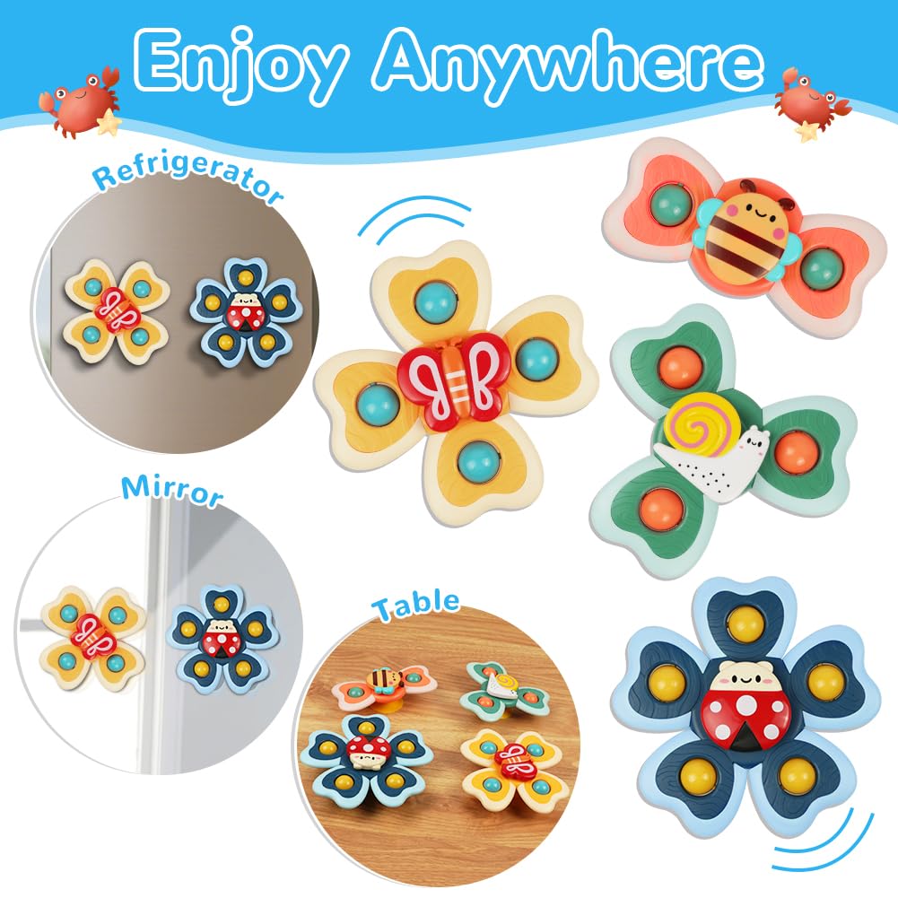 Vicloon Giocattolo a Ventosa per Bambini, 4pcs Giocattoli Sensoriali per Vasca da Bagno, Animali Colorati Spinning Top per Il Bagnetto per Bambini, Sollievo dall'Ansia Regali (Insetto)