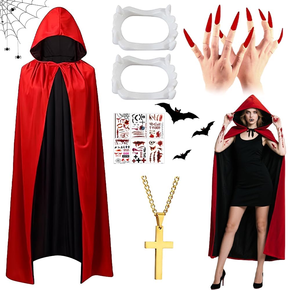 Dandin Halloween Devil Costume Women Men Cape Halloween Vampire Cape Cloak with Vampire Fangs, Red Nails, Tattoo Stickers,Vampire Costume Women Men Carnival Party Fancy Dress
