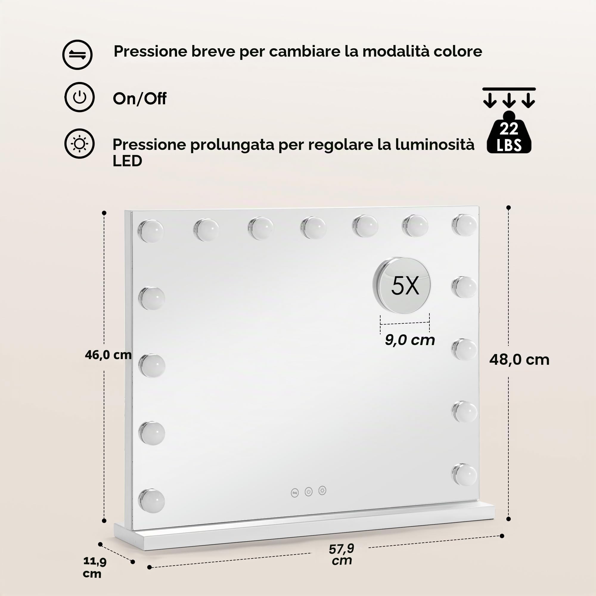 SogesPower Specchio per trucco luminoso Hollywood, posa libera/parete | 3 toni (3000K/4500K/6500K) | USB + memoria | specchio 4 mm senza rame | lente 5X | supporto ferro 10kg