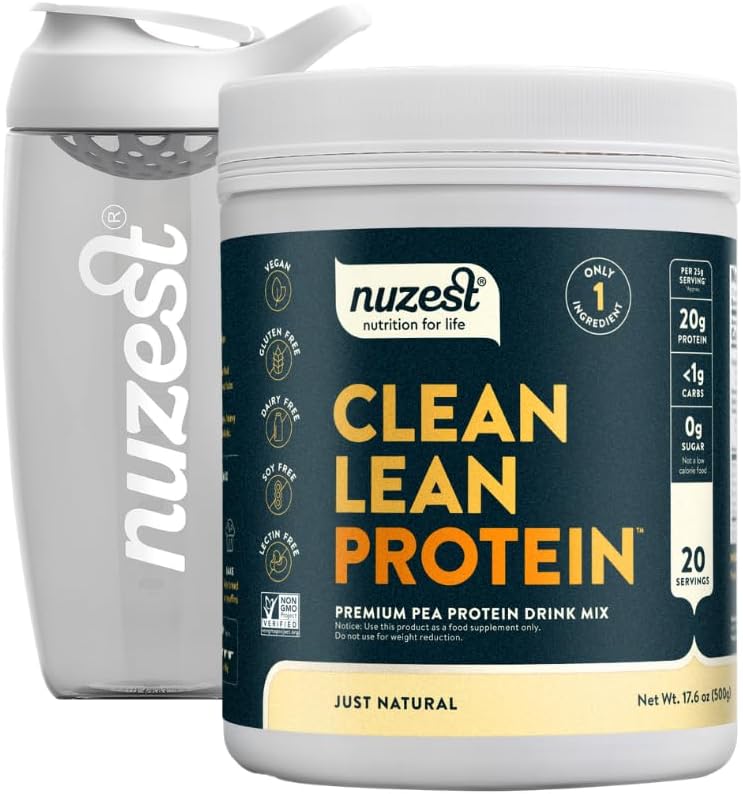 Nuzest Vegan Pea Protein Powder - Clean Lean Protein 20 Servings 20g Protein, Unflavored Protein Shake Mix + Sports Shaker Bottle 24oz