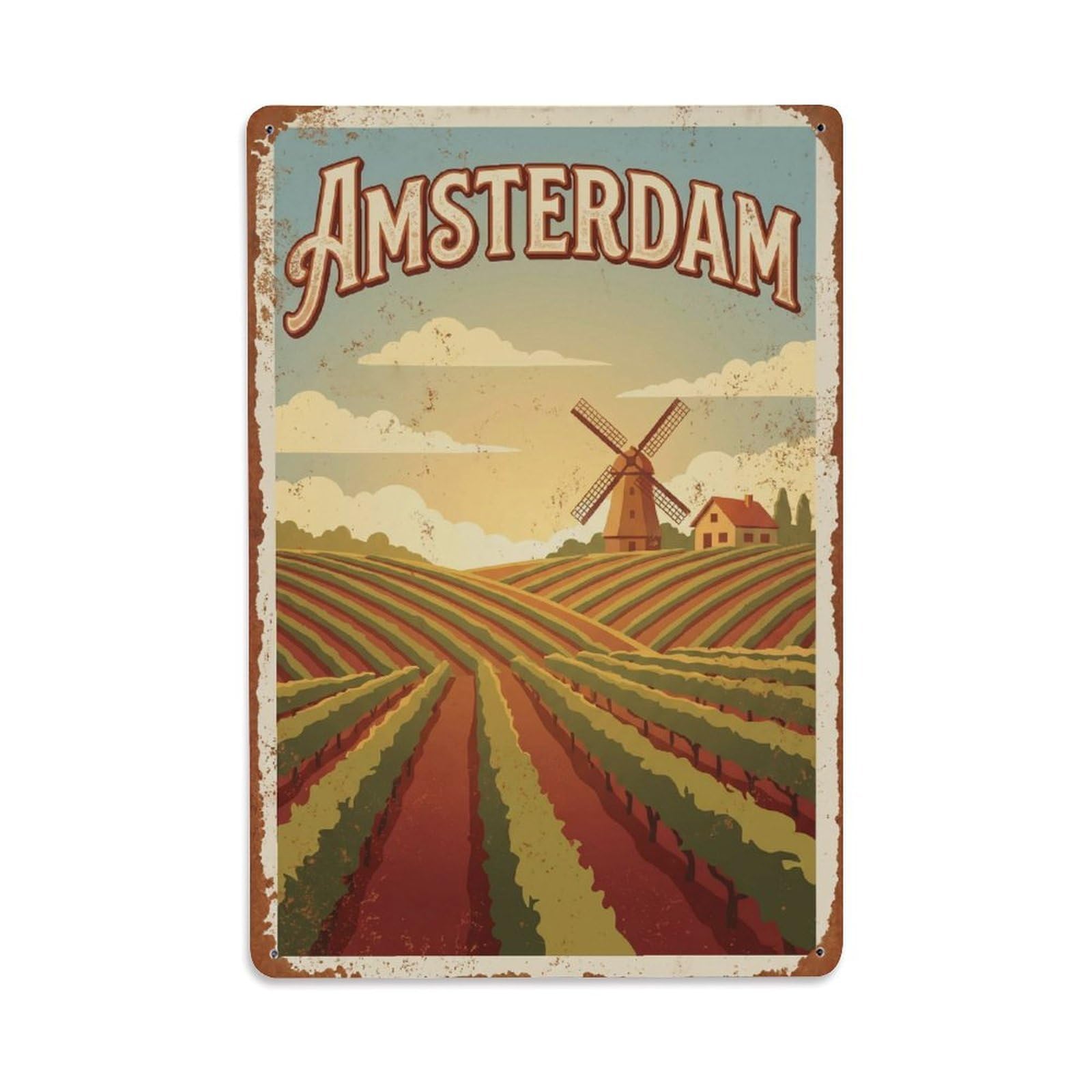 Okngb Style Countryside Vineyard Retro Amsterdam Travel Landscape Metal Tin Sign Plaque Wall Decor For Cafe, Man Cave, Club Bar, Office, Home Garden Round Metal Poster 8X12inch