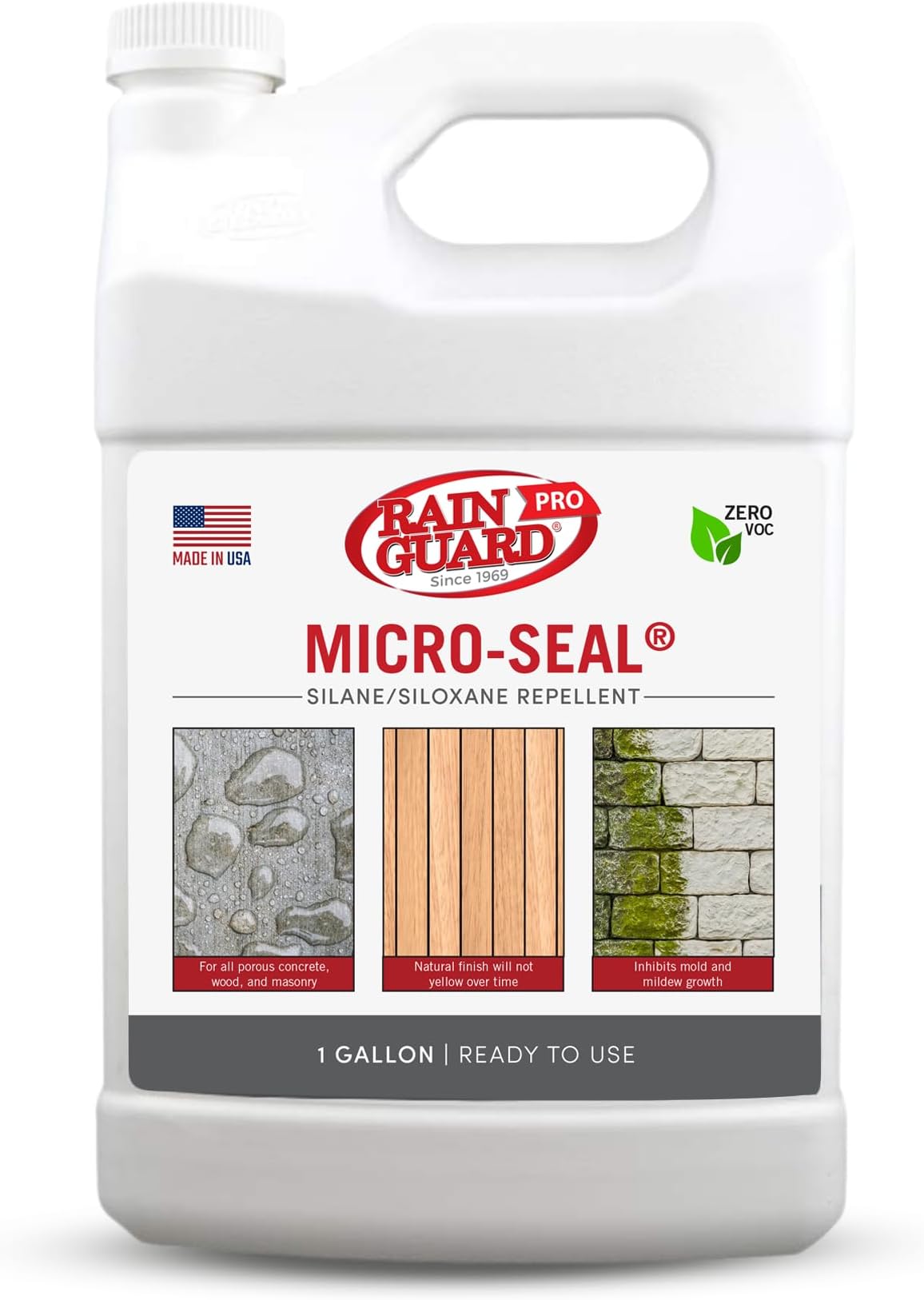 Rainguard Pro Micro-Seal, Surface Sealer for Water and Weather Damage, Ideal for All Porous Wood and Masonry Surfaces, Silane/Siloxane Water Repellent, Natural Finish, Ready to Use, 1 Gallon