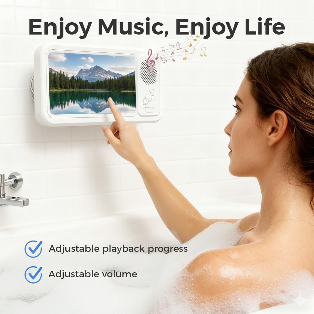 Shower Phone Holder with Wireless Bluetooth Speaker, 2026 Upgraded Waterproof/Fog-Resistant for Any Phone, Shower Phone Holder Waterproof Wall Mounted PhoneHolder for Bathroom Mirror (2, White)