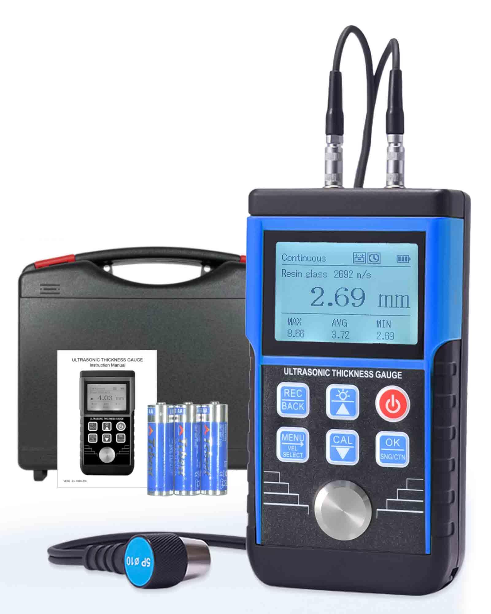 Ultraschall-Dickenmessgerät 0,8–500 mm, hohe Genauigkeit ±0,05 mm, Dickenmessgerät mit 5-MHz-Sonde (φ10 mm), Auflösung 0,01 mm, MAX/AVG/MIN-Modi für Stahl/Nylon/Keramik bei der Rohrleitungsinspektion