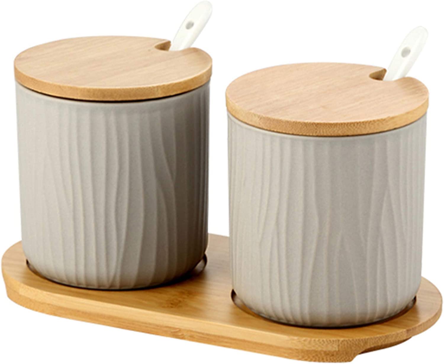 2 Stück Keramik-Gewürzdose Zuckerdose Keramik-Zuckerdose mit Löffel und Bambusdeckel, Tee-Zucker-Salz-Gewürz 300 ml für Haushalt und Küche,B