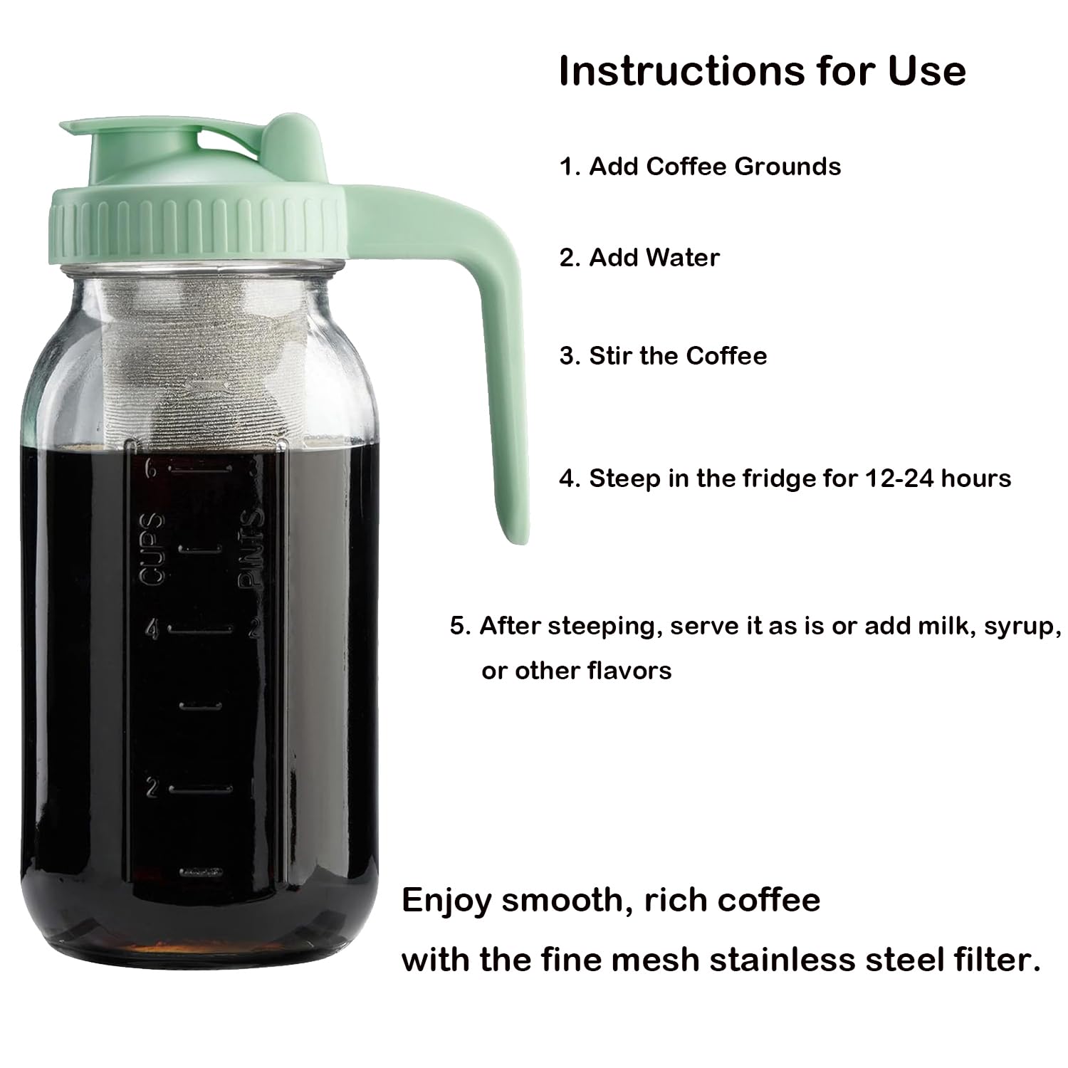 Fermus Filtre à café à froid pour infuseur à grand goulot Mason en acier inoxydable 304 avec anneau d'étanchéité pour thé, fruits, café